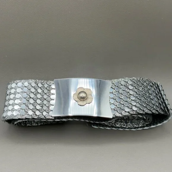 Vintage Women's Belt Small Medium Silver Fish Scale Metal Stretch Floral Buckle - Picture 15 of 15